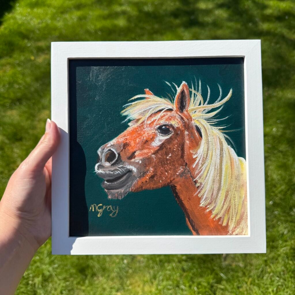 Pony on British racing green 20 x 20cm