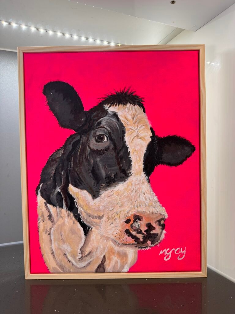 Cow on fluorescent pink 28 × 35 cm