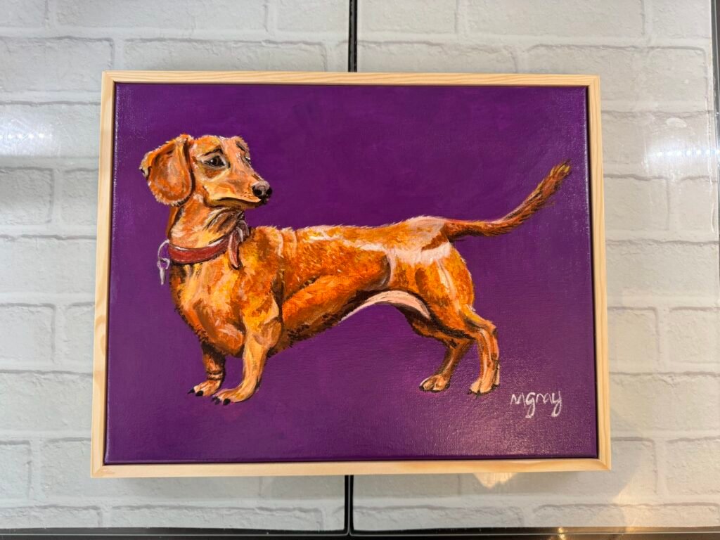 Dachshund on purple background 28 × 35 cm
