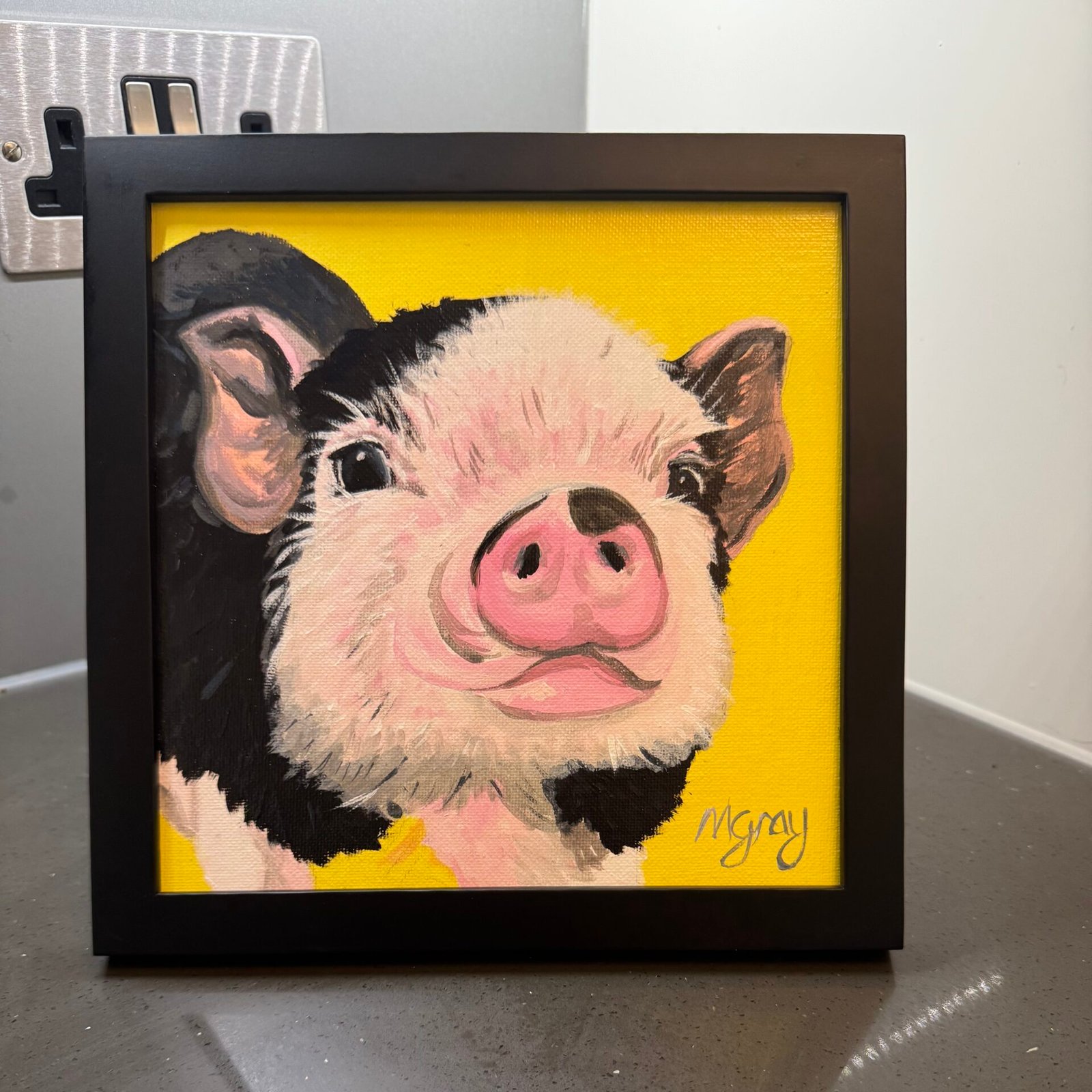 Black and white pig on yellow background