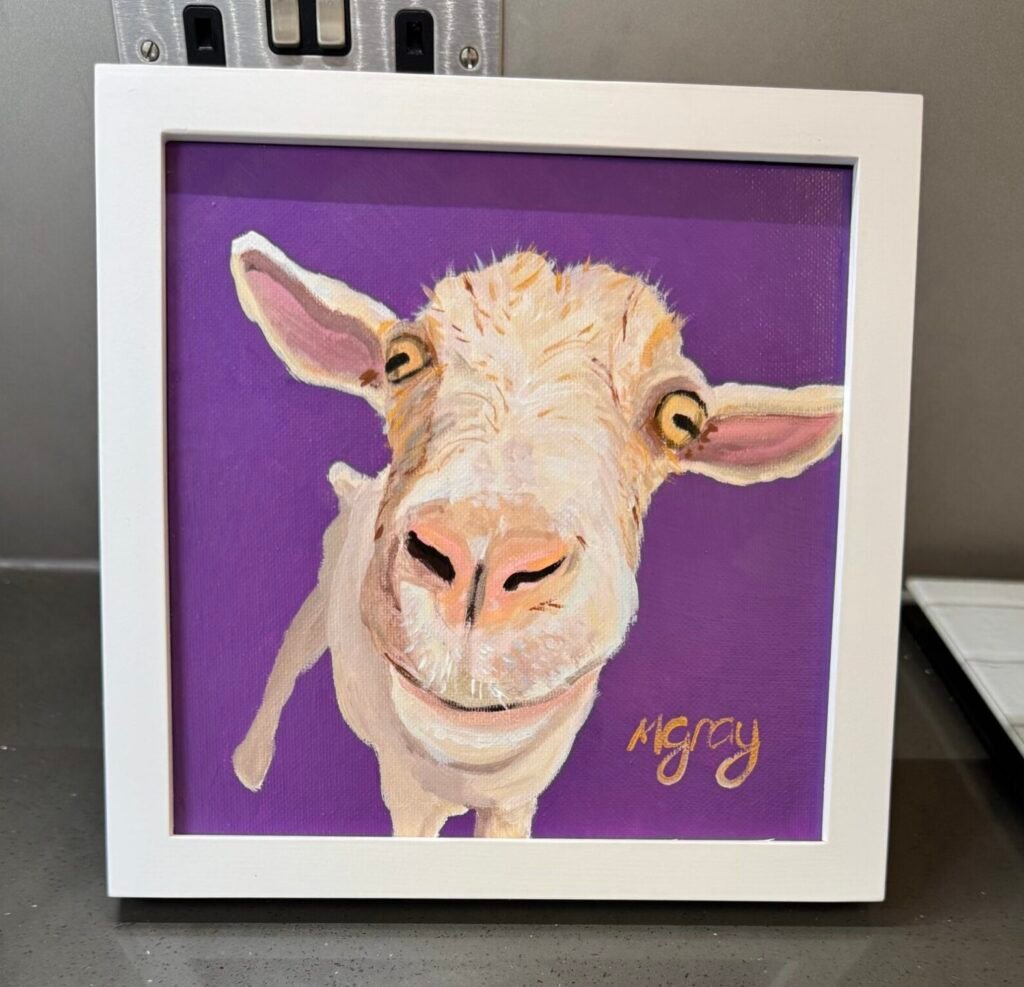 White goat on purple background 20 x 20 cm